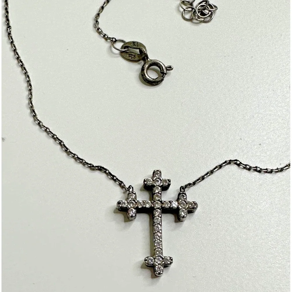 Sterling Silver Necklace‎ Cross Pendant Diamond Chips Italy Religious Adjustable